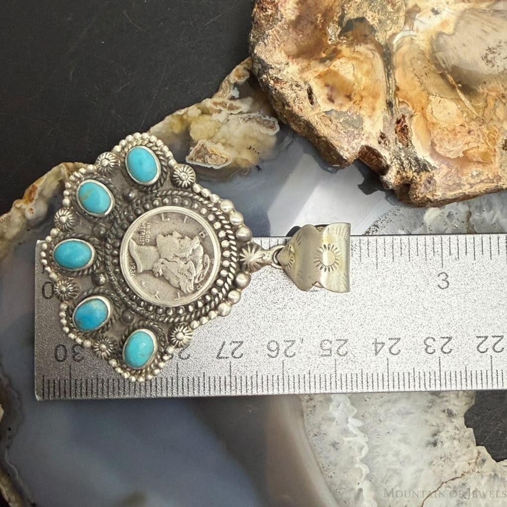 Sterling Silver Southwestern Style 1936 Mercury Dime &Kingman Turquoise Pendant