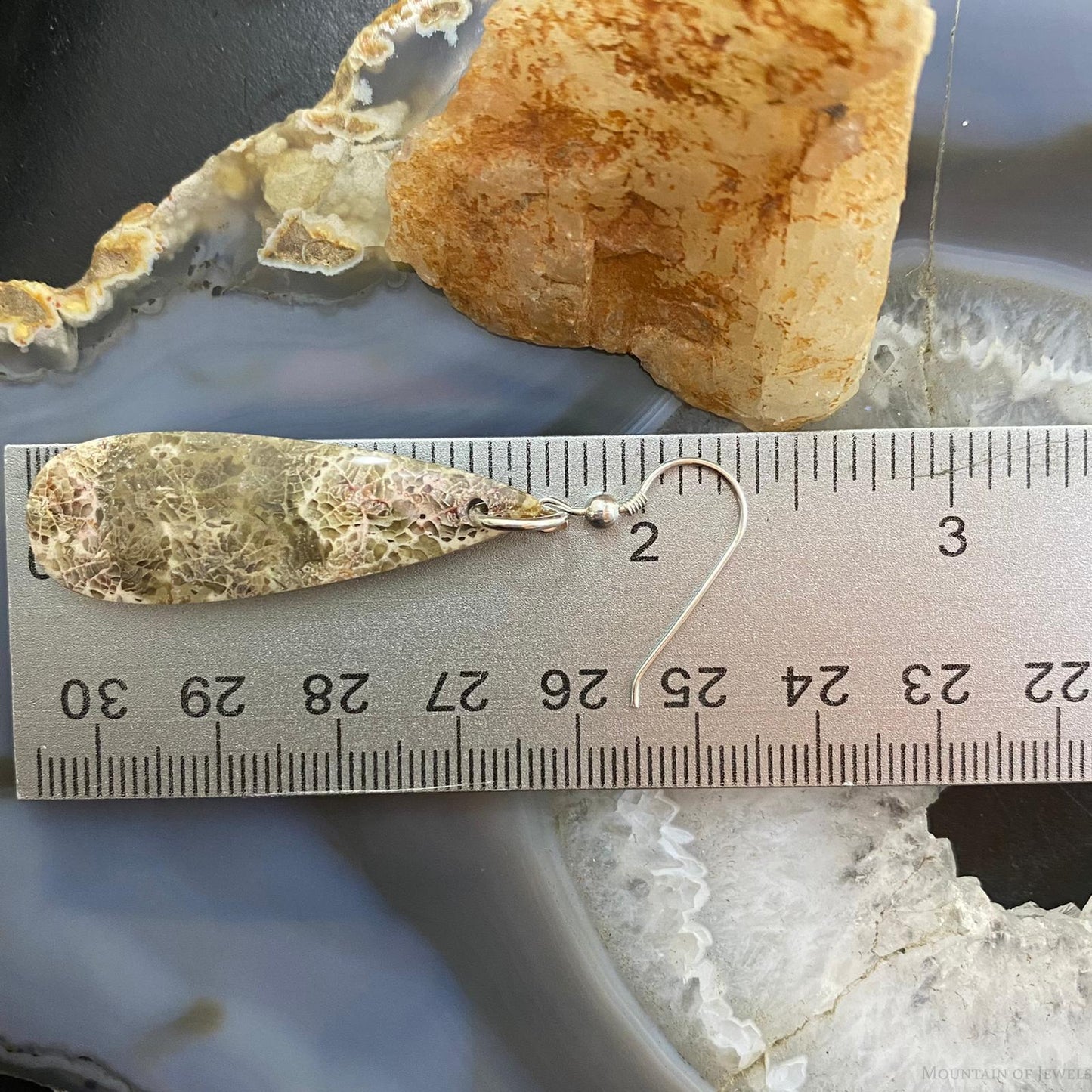 Sterling Silver Teardrop Fossilized Coral Slab Dangle Earrings For Women #056