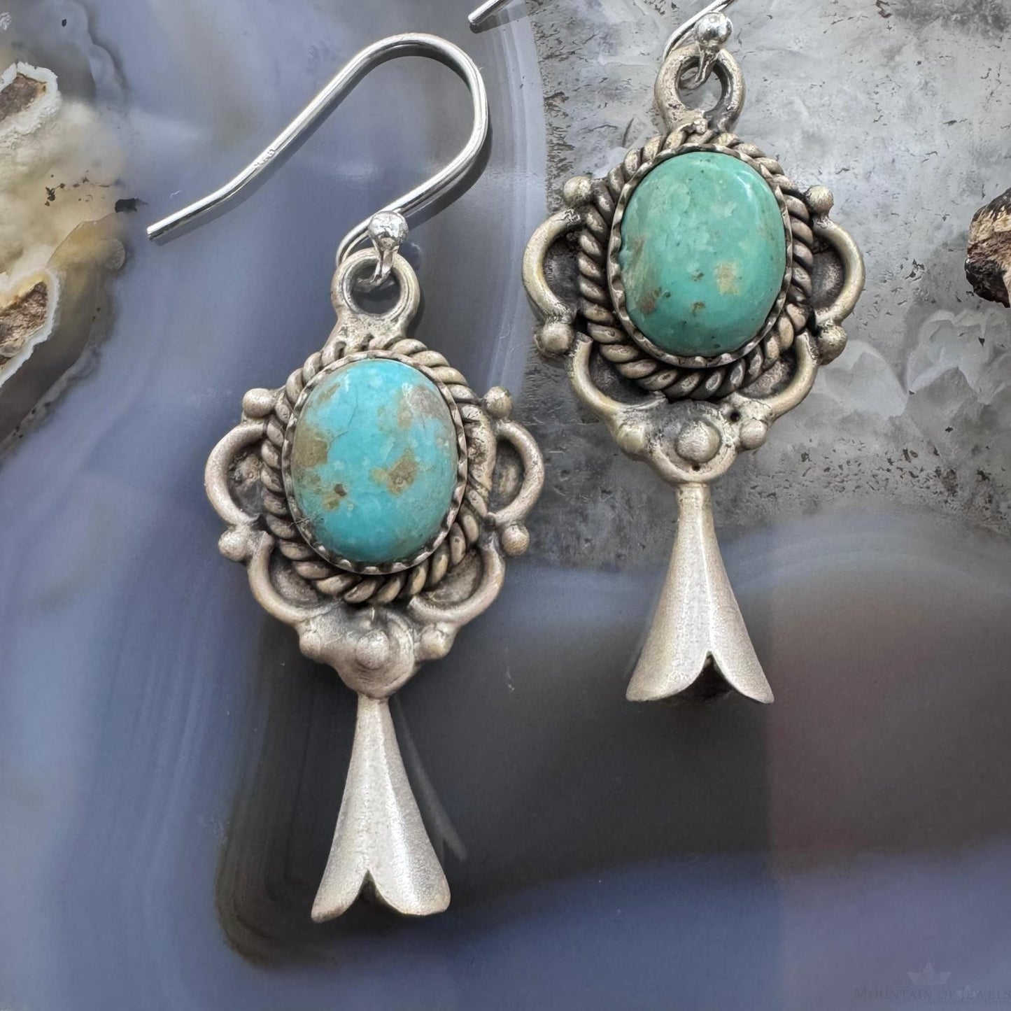 Sterling Silver Southwestern Style Turquoise Squash Blossom Decorated Dangle Earrings For Women