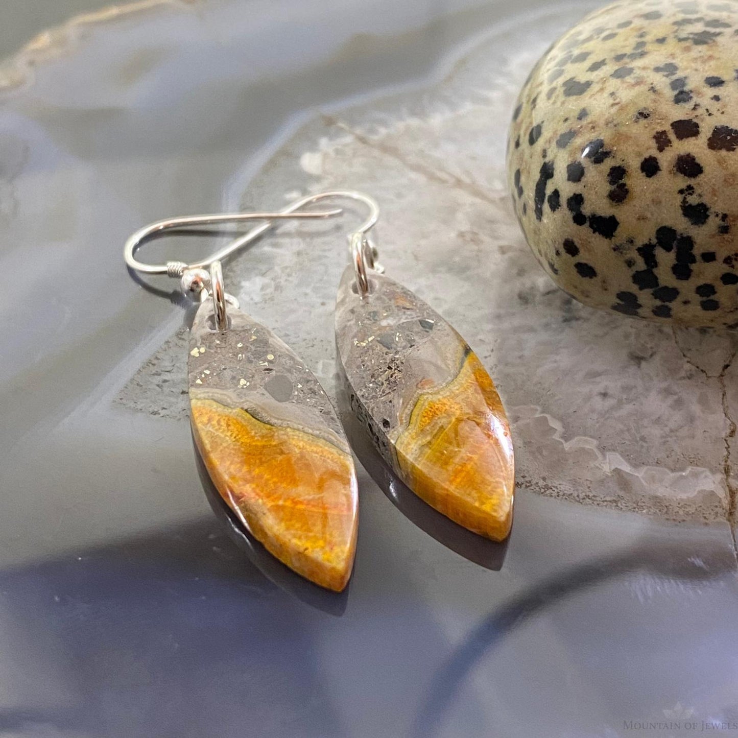Sterling Silver Marquise Bumblebee Jasper Slab Dangle Earrings For Women #064