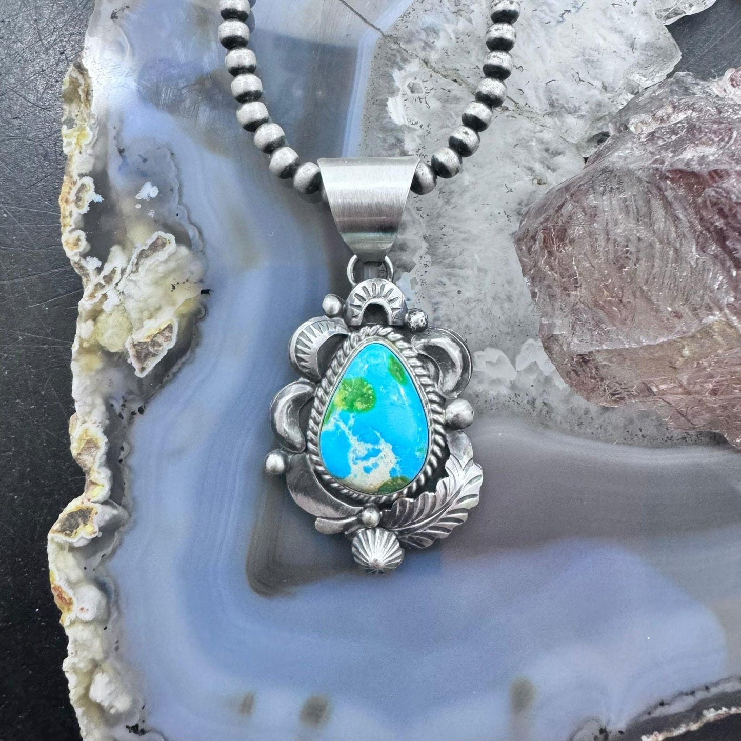 Juanita Long Native American Sterling Silver Sonora Gold Turquoise Pendant For Women