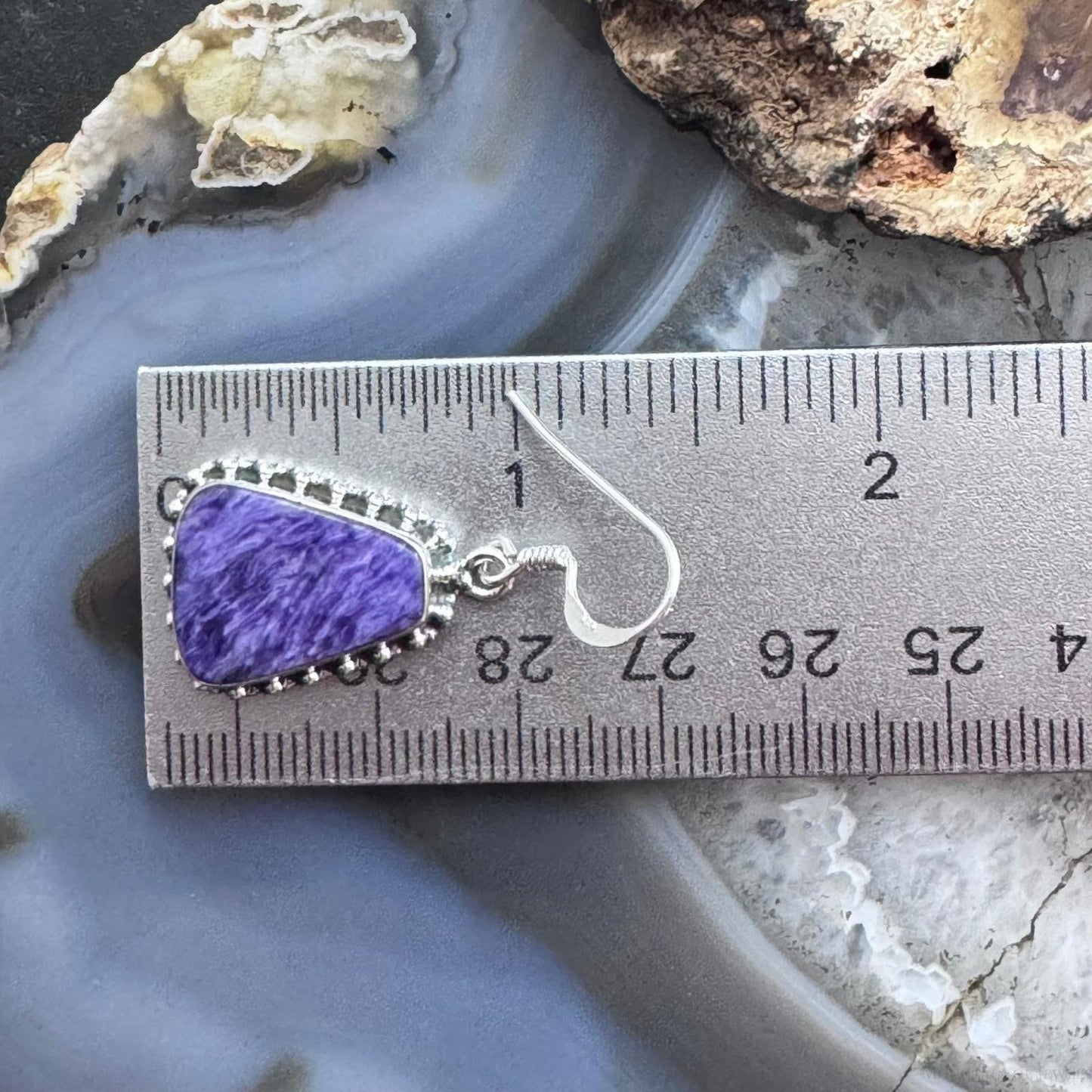 Sterling Silver Southwestern Style Trapezoid Charoite Decorated Dangle Earrings For Women