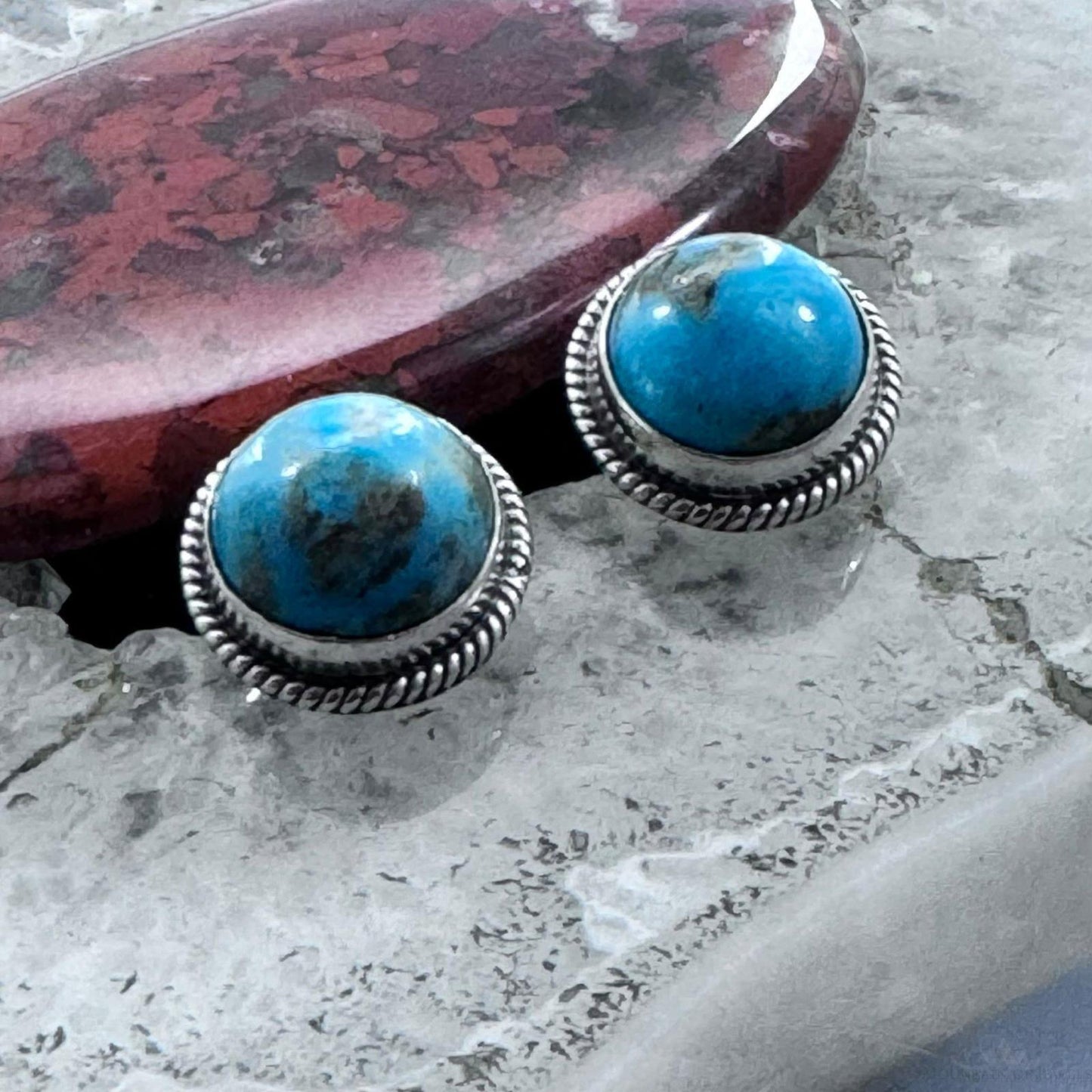 Native American Sterling Silver Rounded Turquoise Stud Earrings For Women