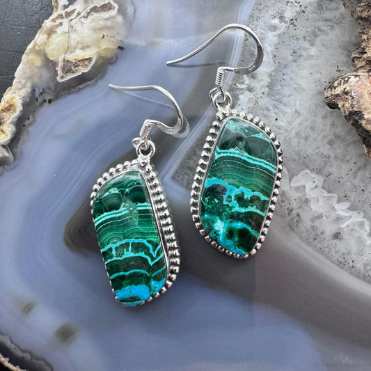 Sterling Silver Southwestern Style Malachite Chrysocolla Decorated Dangle Earrings For Women