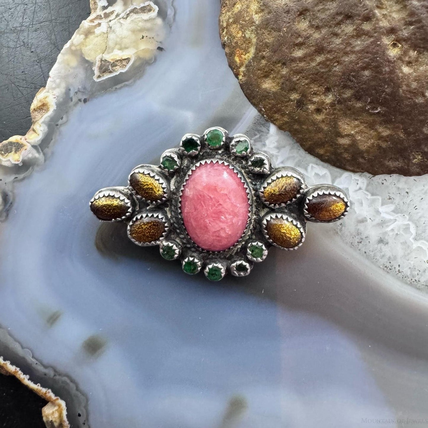 Ron Wesley Vintage Sterling Silver Southwestern Multi Gemstones Brooch For Women