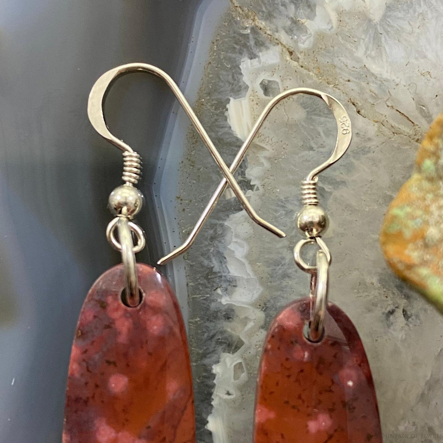 Sterling Silver Oval River Jasper Slab Dangle Earrings For Women