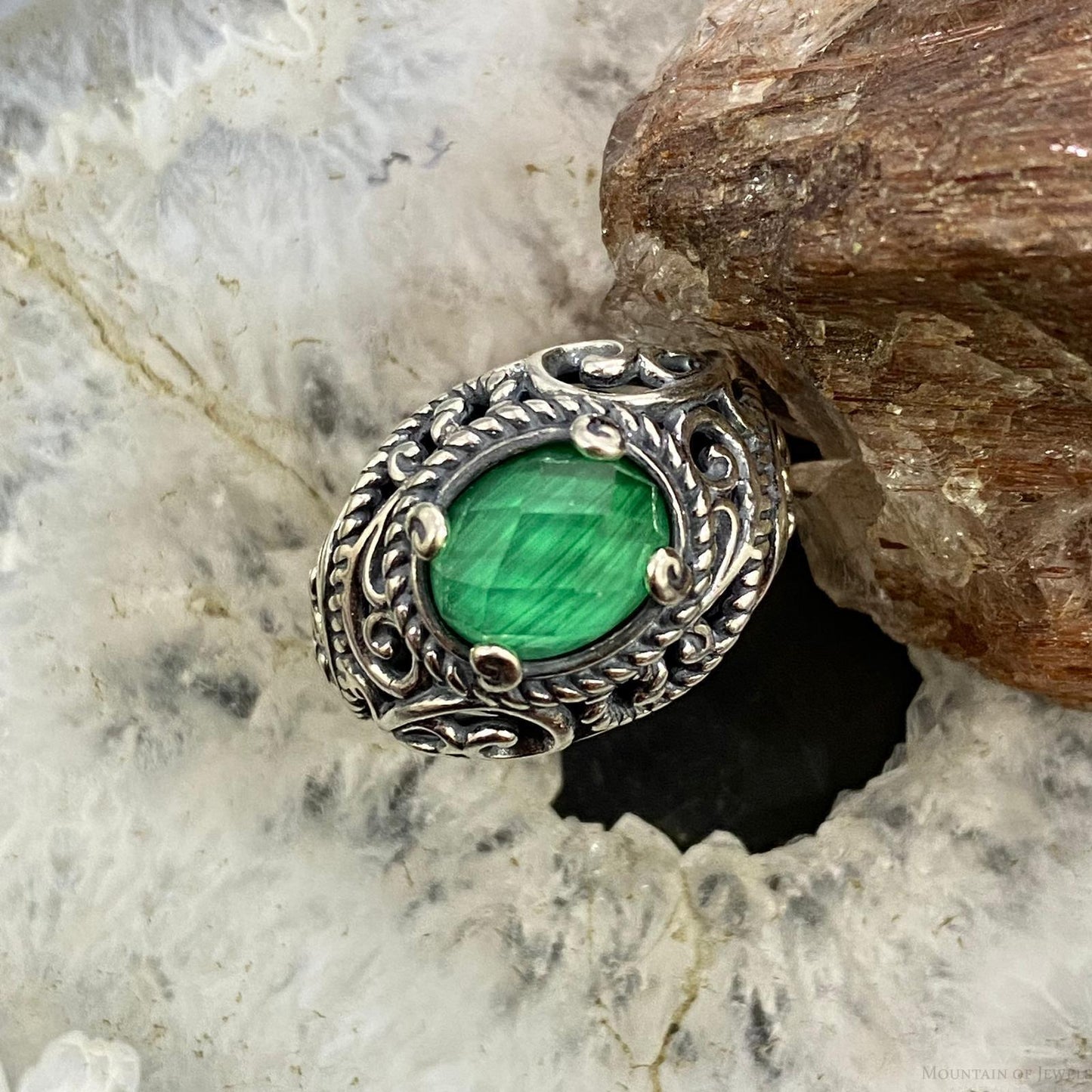 Carolyn Pollack Sterling Silver Oval Malachite & Quartz Decorated Doublet Ring For Women