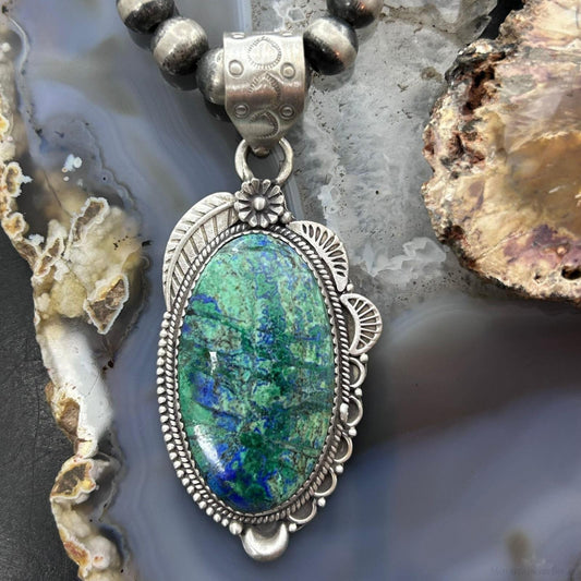 Sterling Silver Southwestern Style Elongated Chrysocolla Decorated Pendant For Women