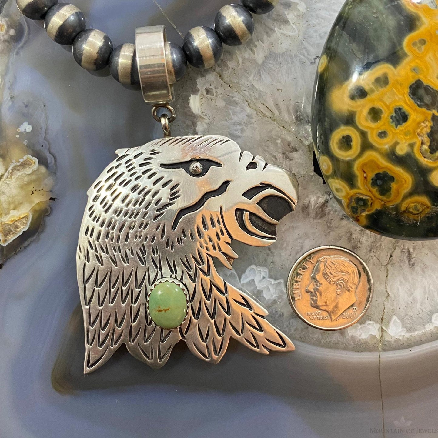 Tommy & Rosita Singer Sterling Silver Green Turquoise Overlay Eagle Pendant