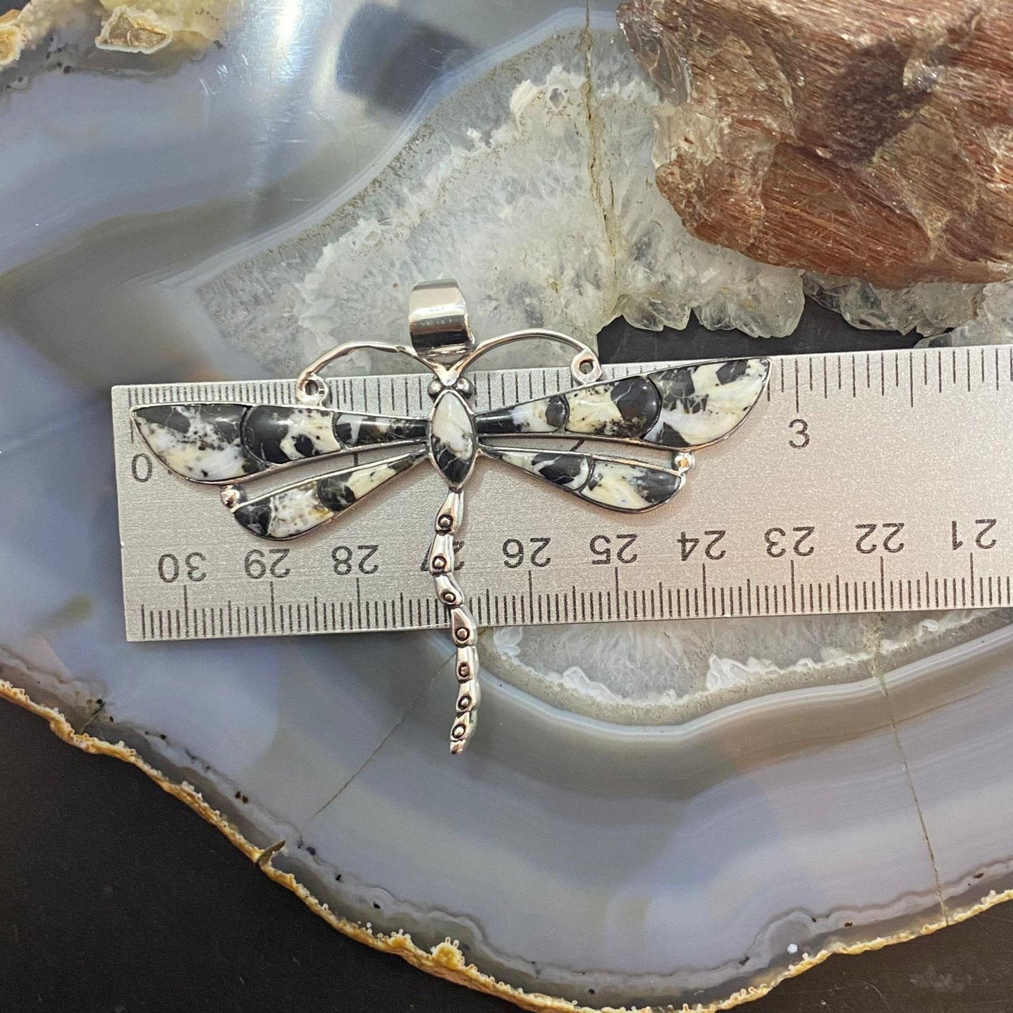 Native American Sterling Silver White Buffalo Inlay Dragonfly Pendant For Women