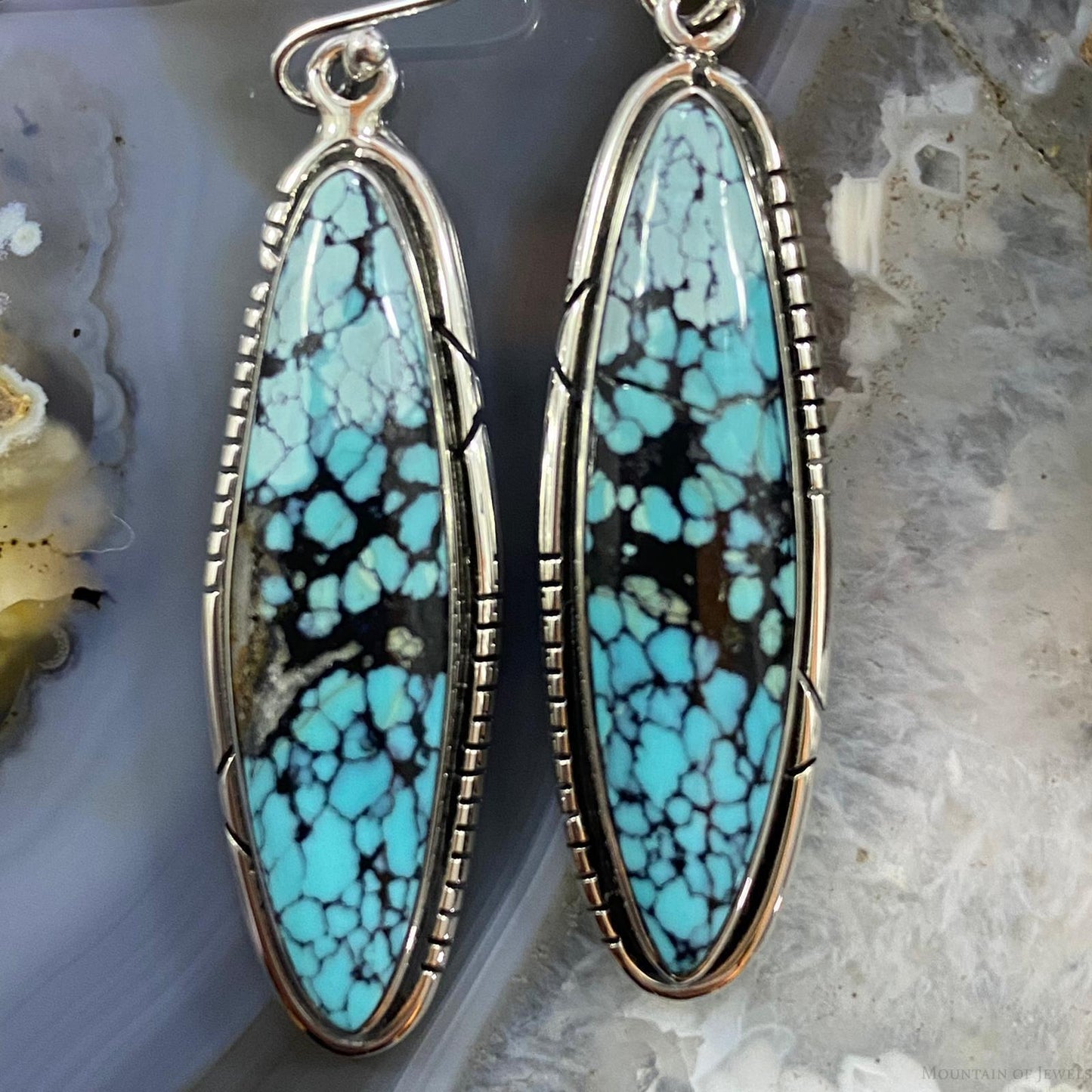 Native American Sterling Silver Marquise Chinese Turquoise Dangle Earrings