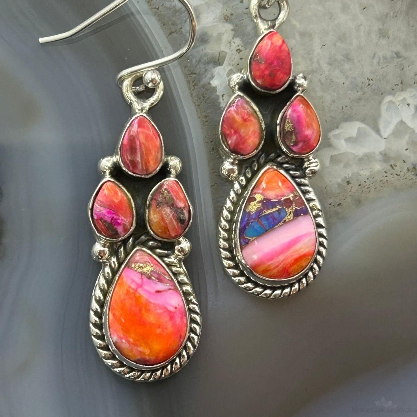 Sterling Silver Southwestern Style Multistone Dahlia Dangle Earrings For Women