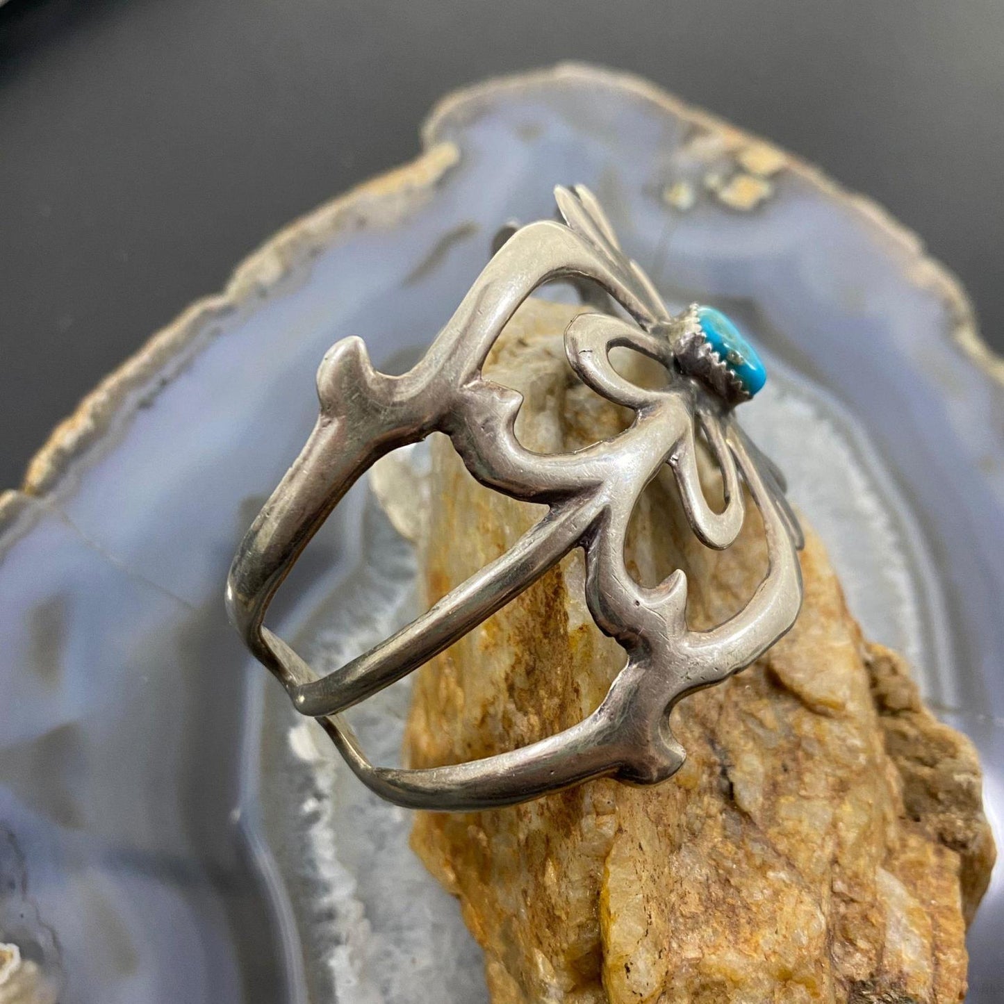 Vintage Native American Sterling Silver Turquoise Sand Cast Bracelet For Women