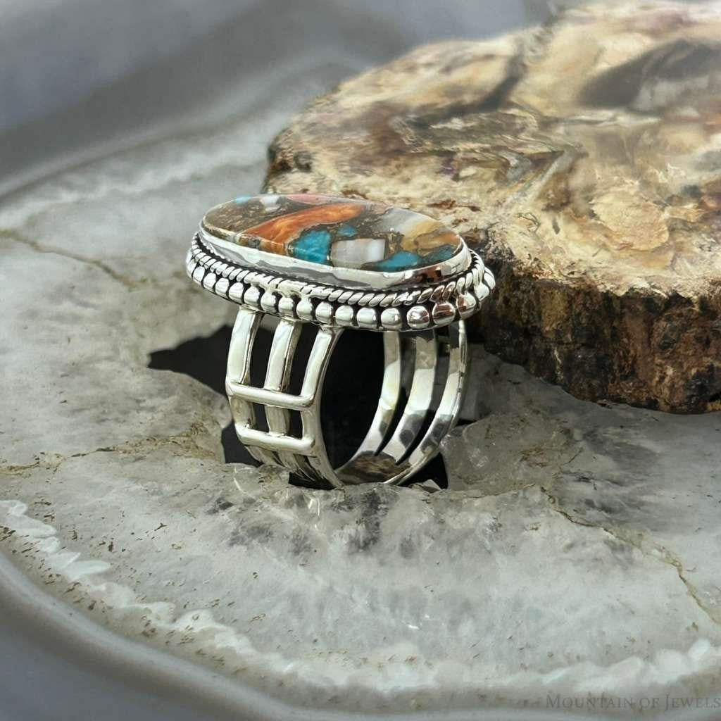 Sterling Silver Southwestern Style Oval Spiny Oyster Turquoise Ring Size 7.25 For Women