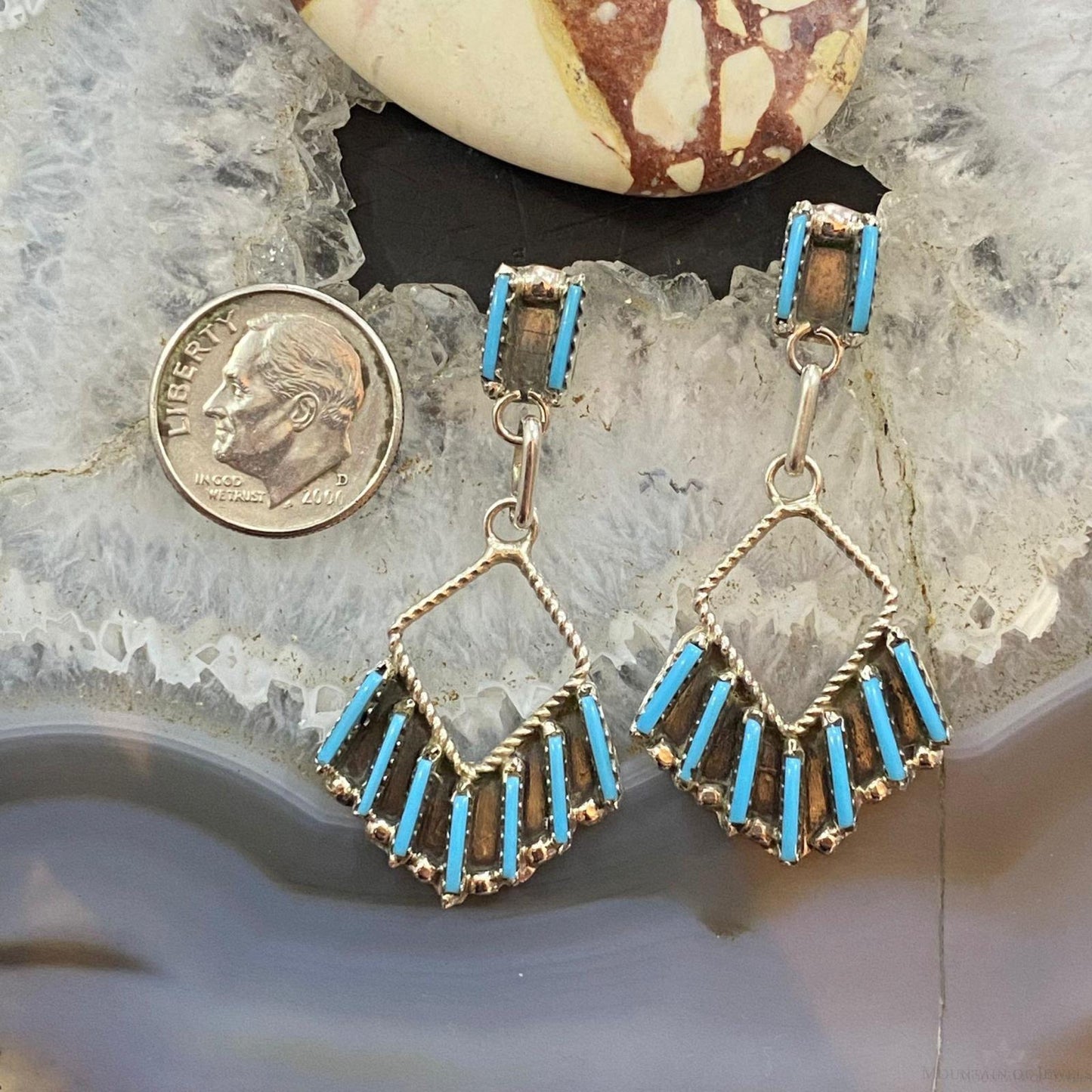 Davis Kaamasee Zuni Sterling Turquoise Needlepoint Dangle Earrings For Women