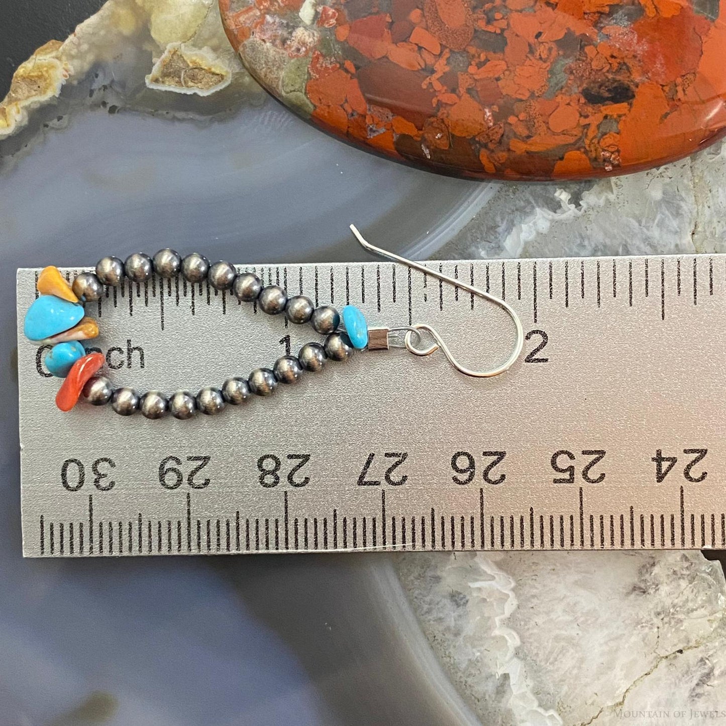 Navajo Pearl, Coral & Turquoise Beads 3mm Sterling Teardrop Dangle Earrings