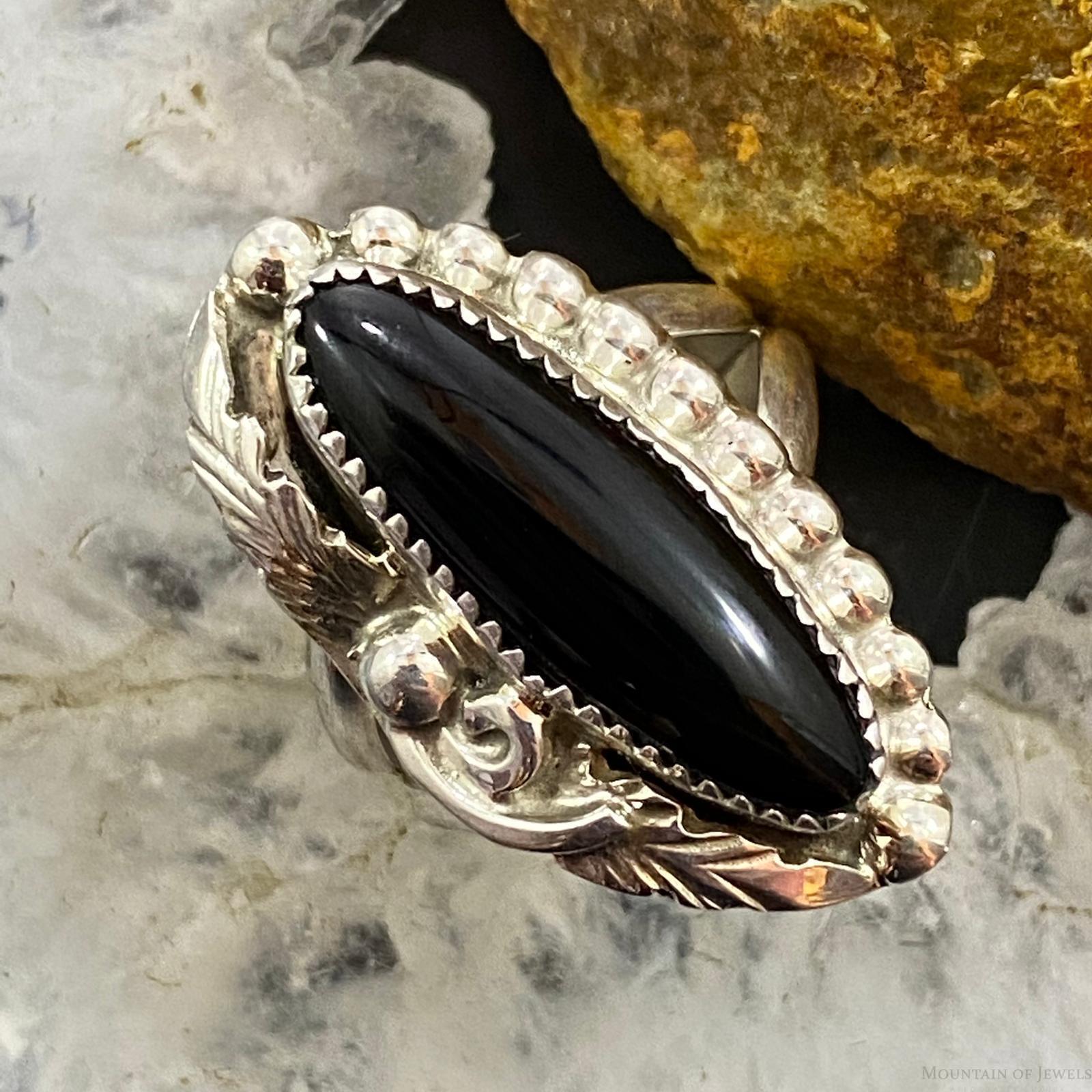 S.Ray Native American Sterling Marquise Onyx Decorated Ring Size 6.75 For  Women