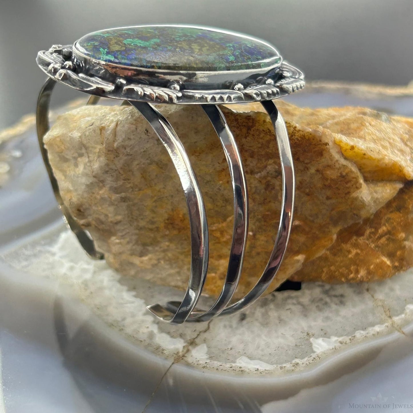Sterling Silver Southwestern Style Large Oval Azurite Malachite Bracelet For Women
