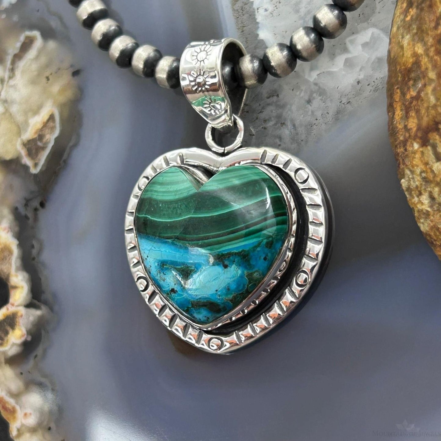 Sterling Silver Southwestern Style Azurite Malachite Heart Pendant For Women