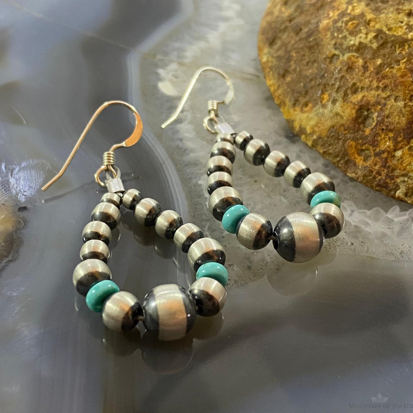 Graduated Navajo Pearl Beads &Turquoise Sterling Hoop Dangle Earrings For Women