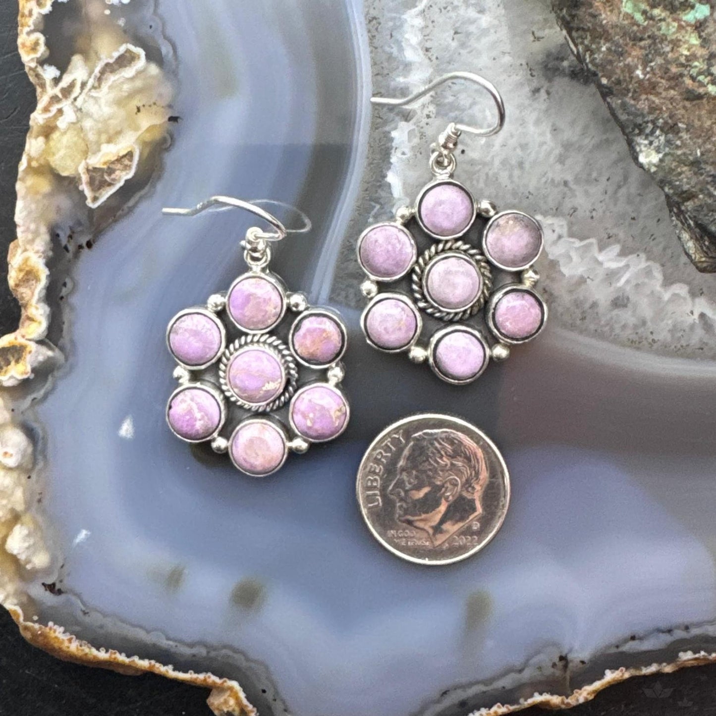 Native American Sterling Silver Phosphosiderite Cluster Dangle Earrings For Women