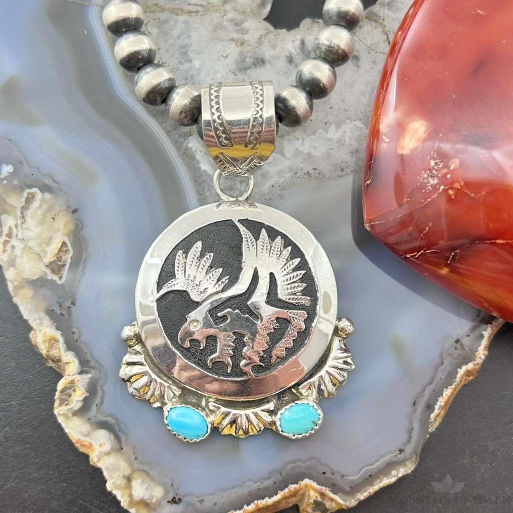 Alonzo Mariano Native American Sterling Silver Overlay Eagle & Turquoise Unisex Pendant