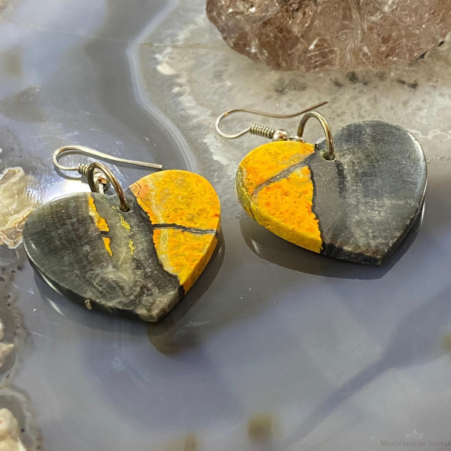 Sterling Silver Heart Shape Bumblebee Jasper Slab Dangle Earrings For Women #1