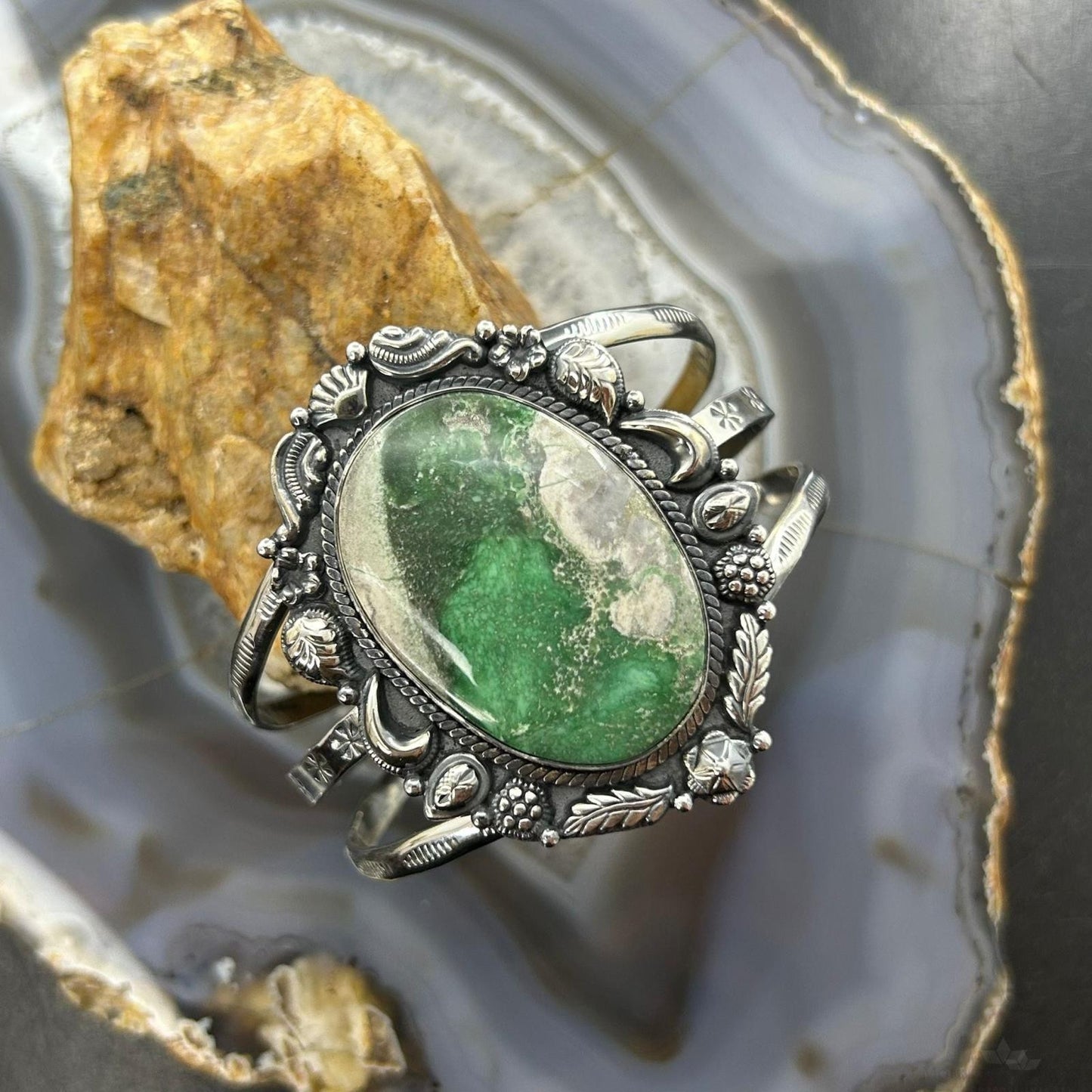 Sterling Silver Southwestern Style Large Oval Variscite Bracelet For Women