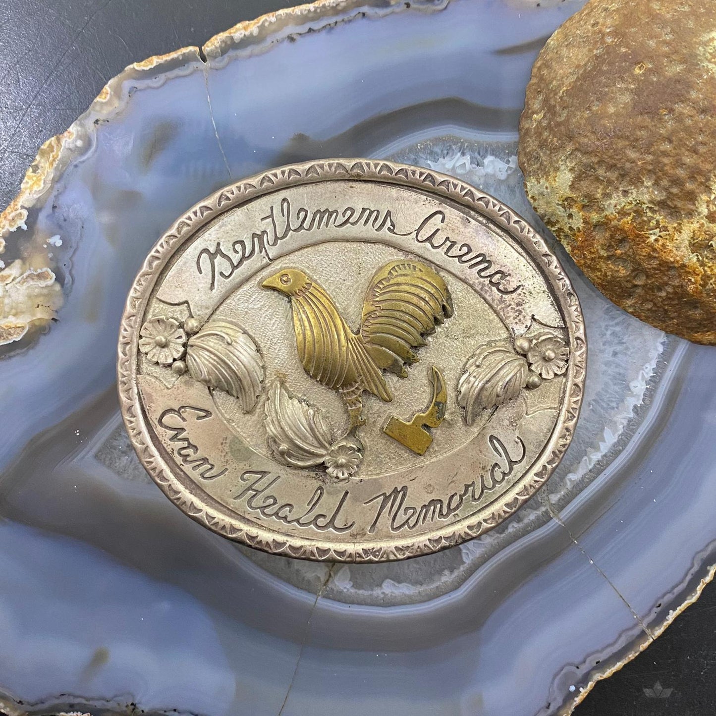 Sterling Silver Chicken Decorated Gentlemen Arena Evan Memorial Oval Belt Buckle
