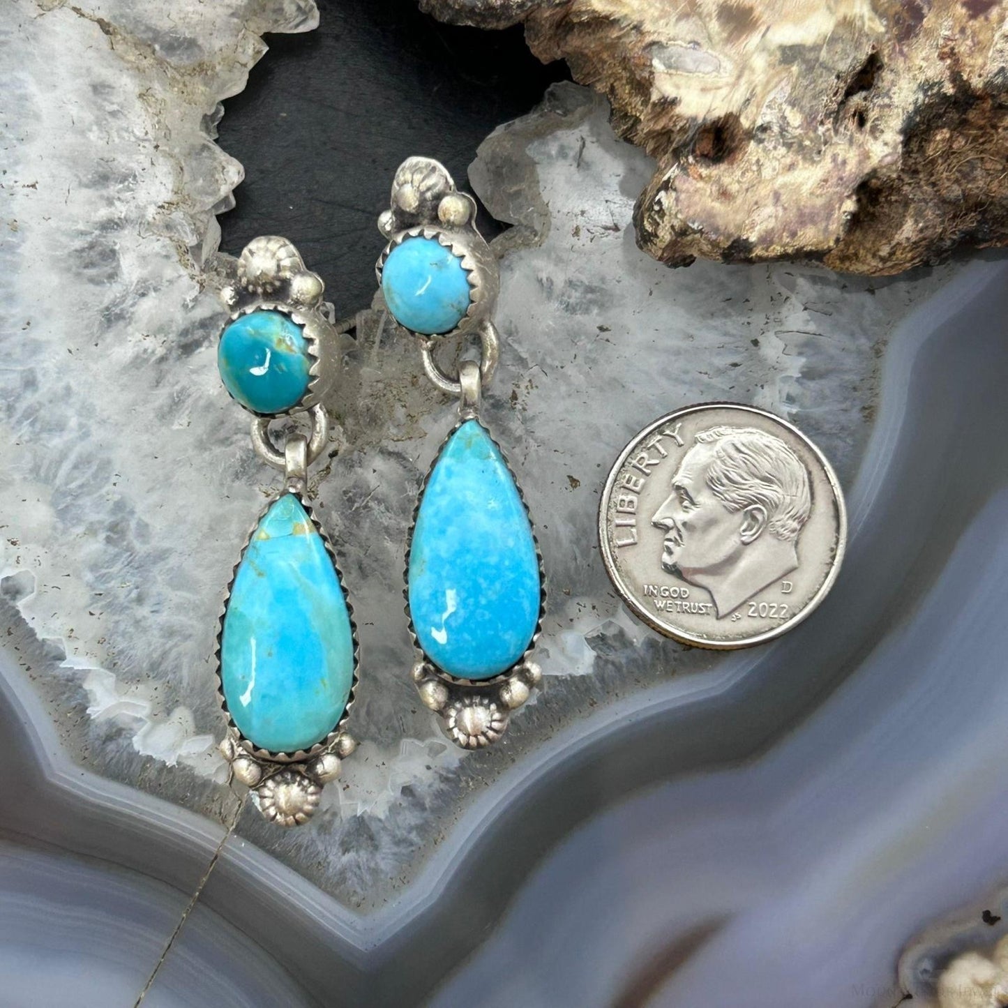 Sterling Silver Southwestern Style Teardrop & Rounded Turquoise Post Dangle Earrings For Women