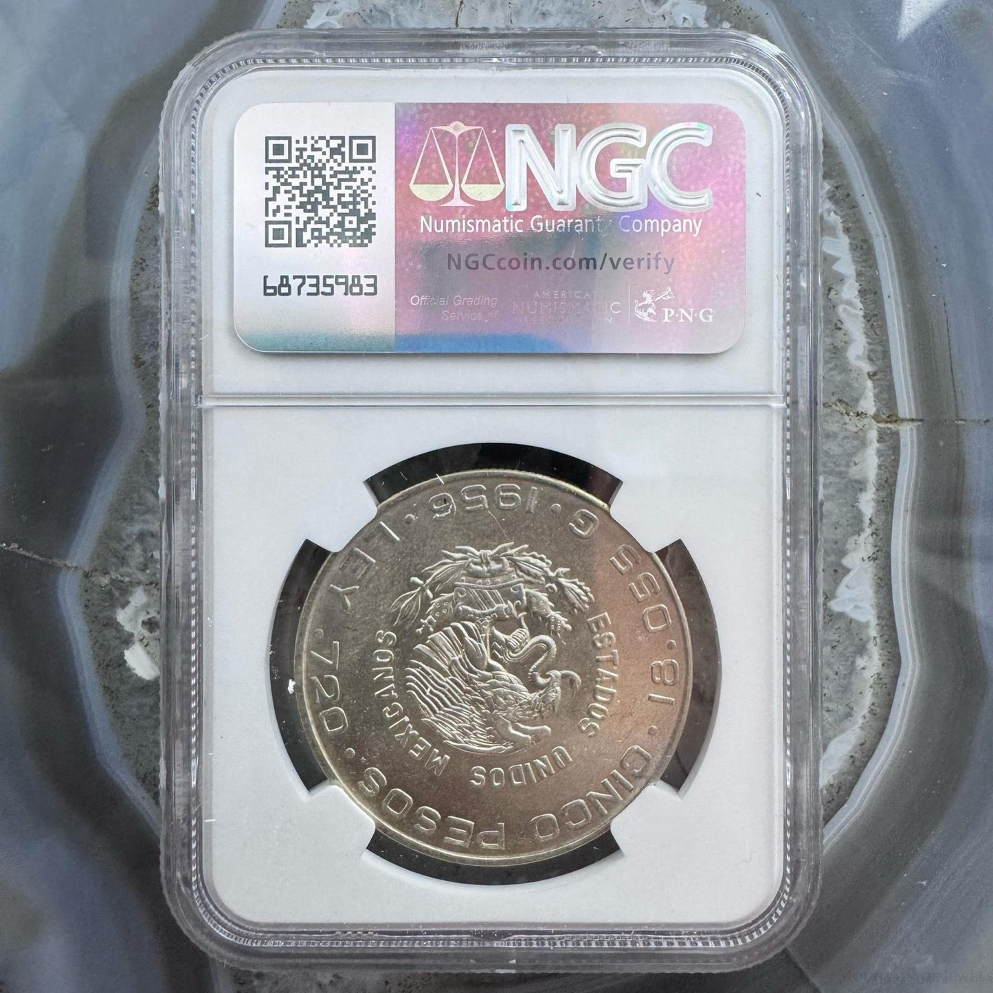 1956 MEXICO SILVER 5 CINCO PESOS S5P NGC UNC DETAILS #002