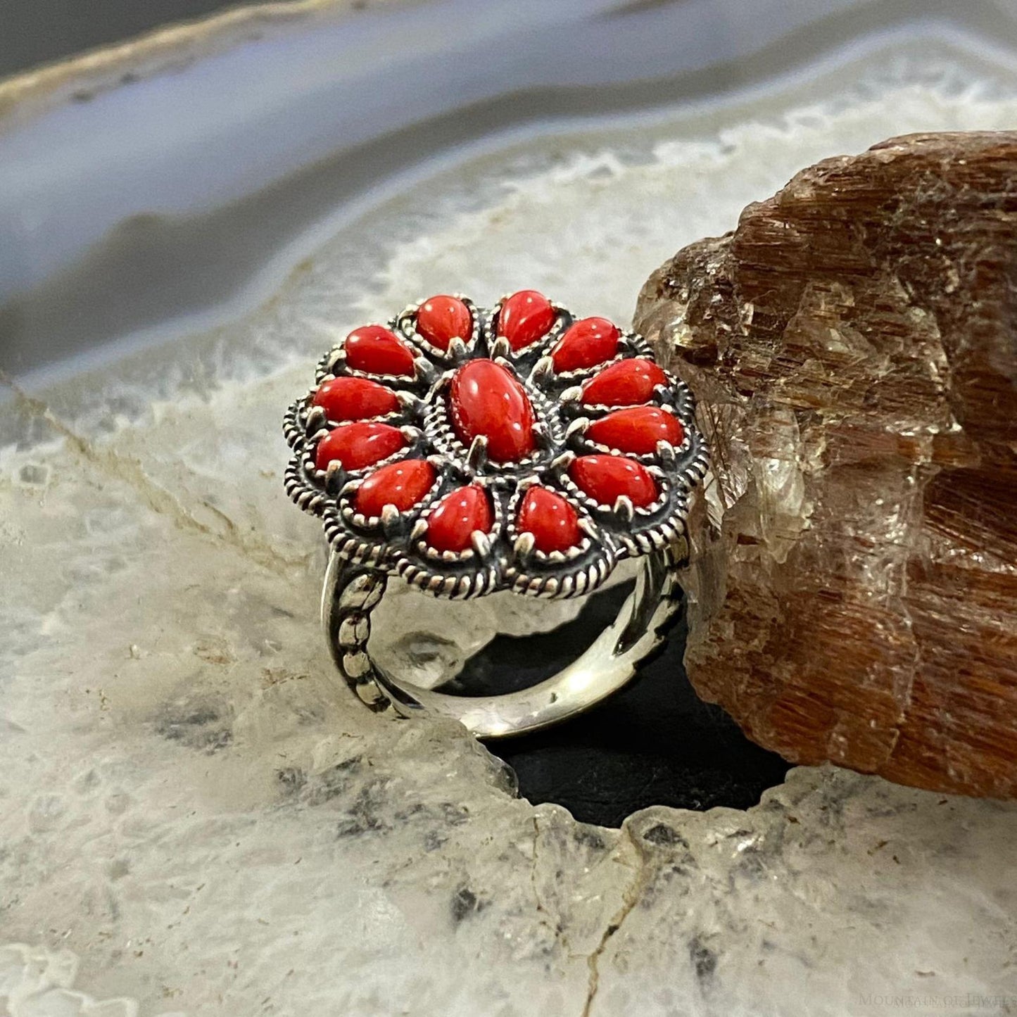Carolyn Pollack Southwestern Style Sterling Silver Red Coral Decorated Flower Cluster Ring For Women