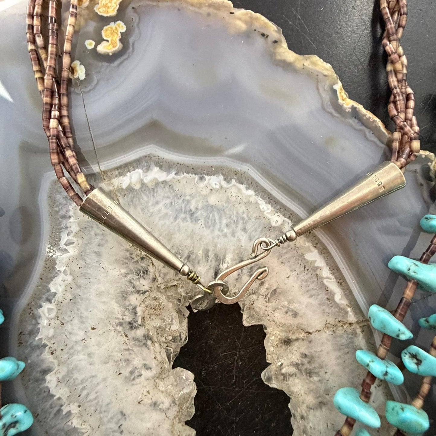 Vintage Native American 4 Starnds Turquoise & Brown Shell Beads w/Curved Turtle Necklace For Women