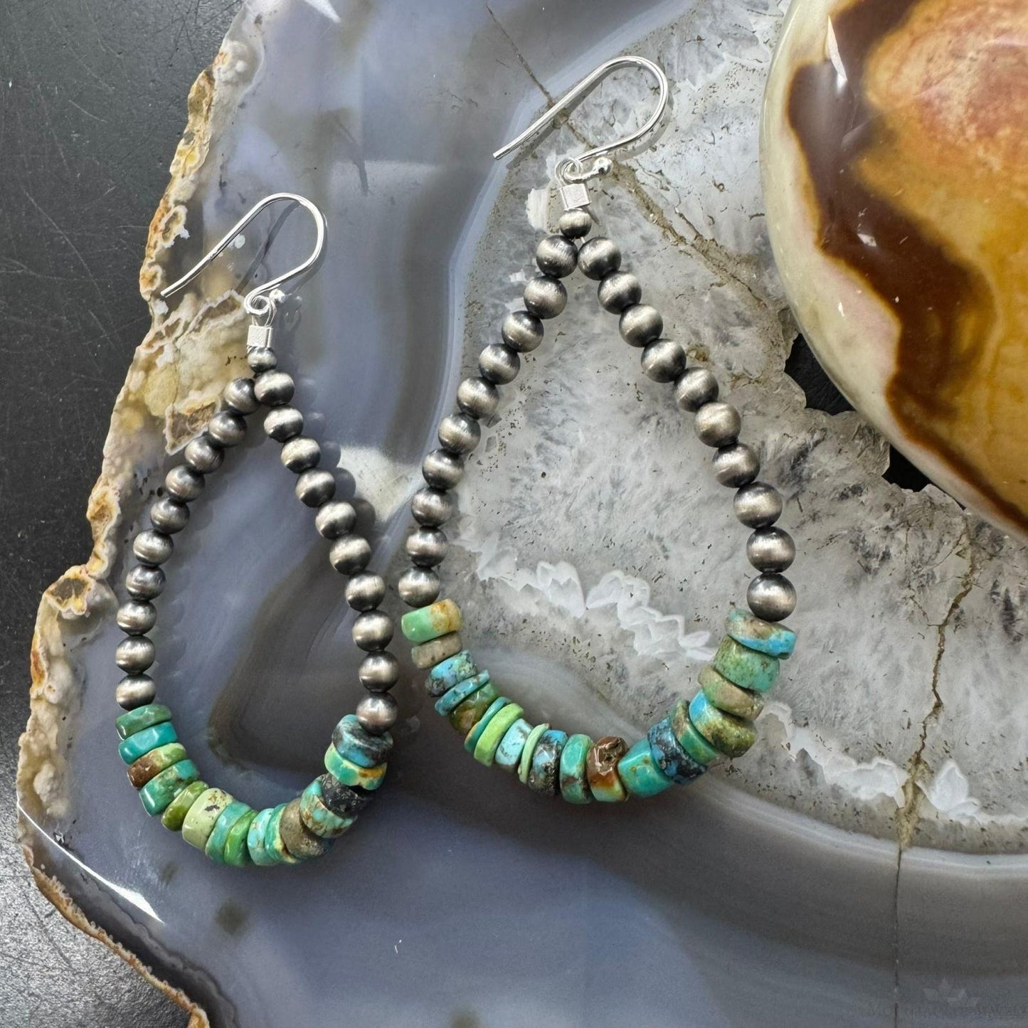 Sterling Silver Navajo Pearl Southwester Style & Turquoise Bead Hoop Earrings For Women
