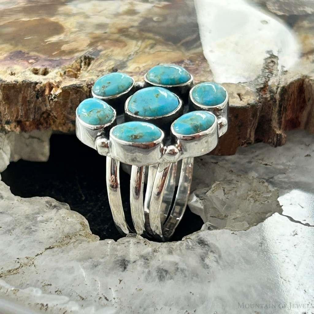 Sterling Silver Southwestern Style Mohave Turquoise Cluster Ring Size 7.5 For Women