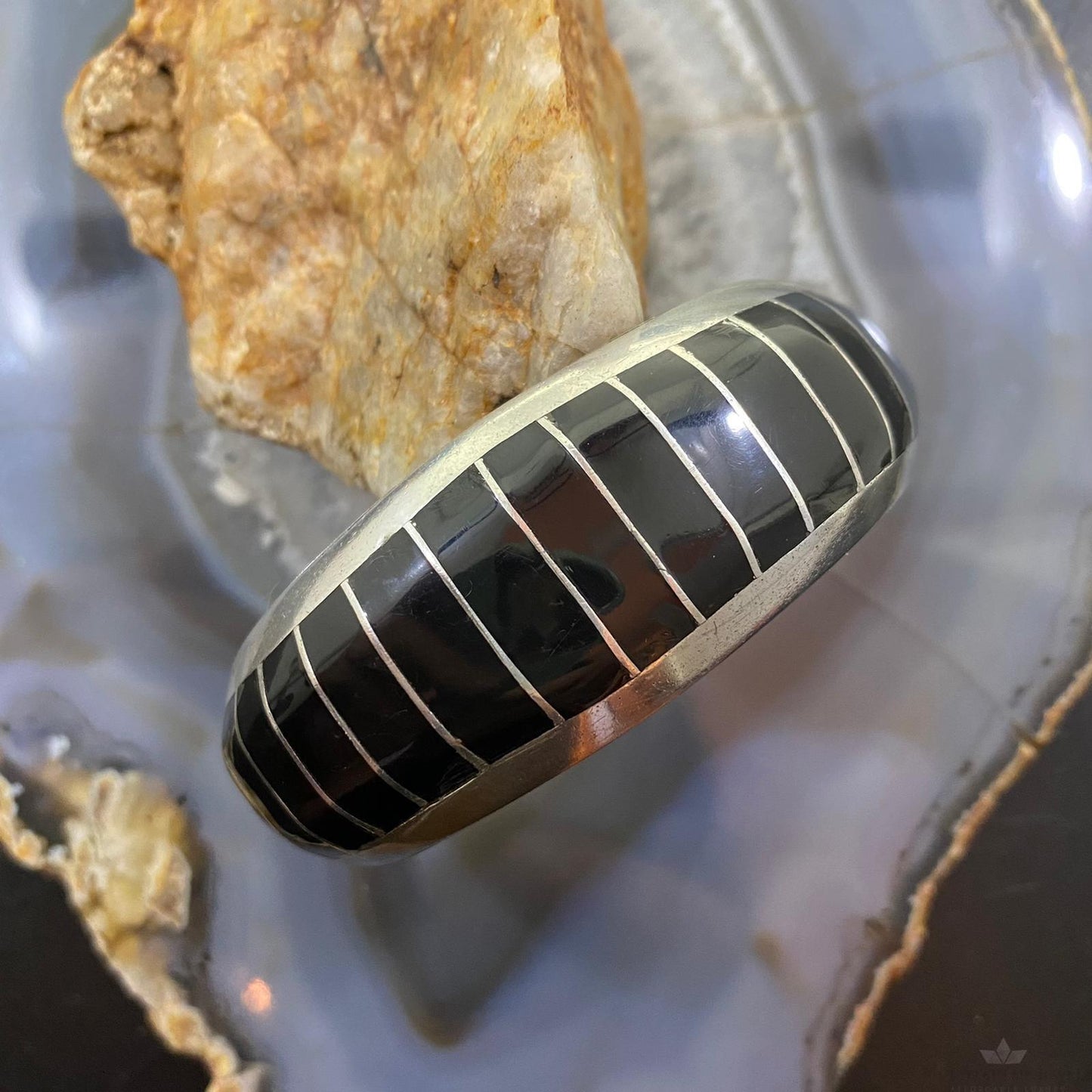 Signed Vintage Native American Sterling Channel Onyx Inlay Bracelet For Women