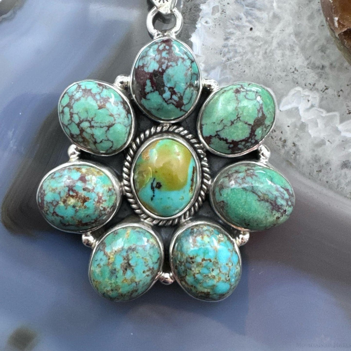 Sterling Silver Southwestern Style Oval Turquoise Cluster Pendant For Women