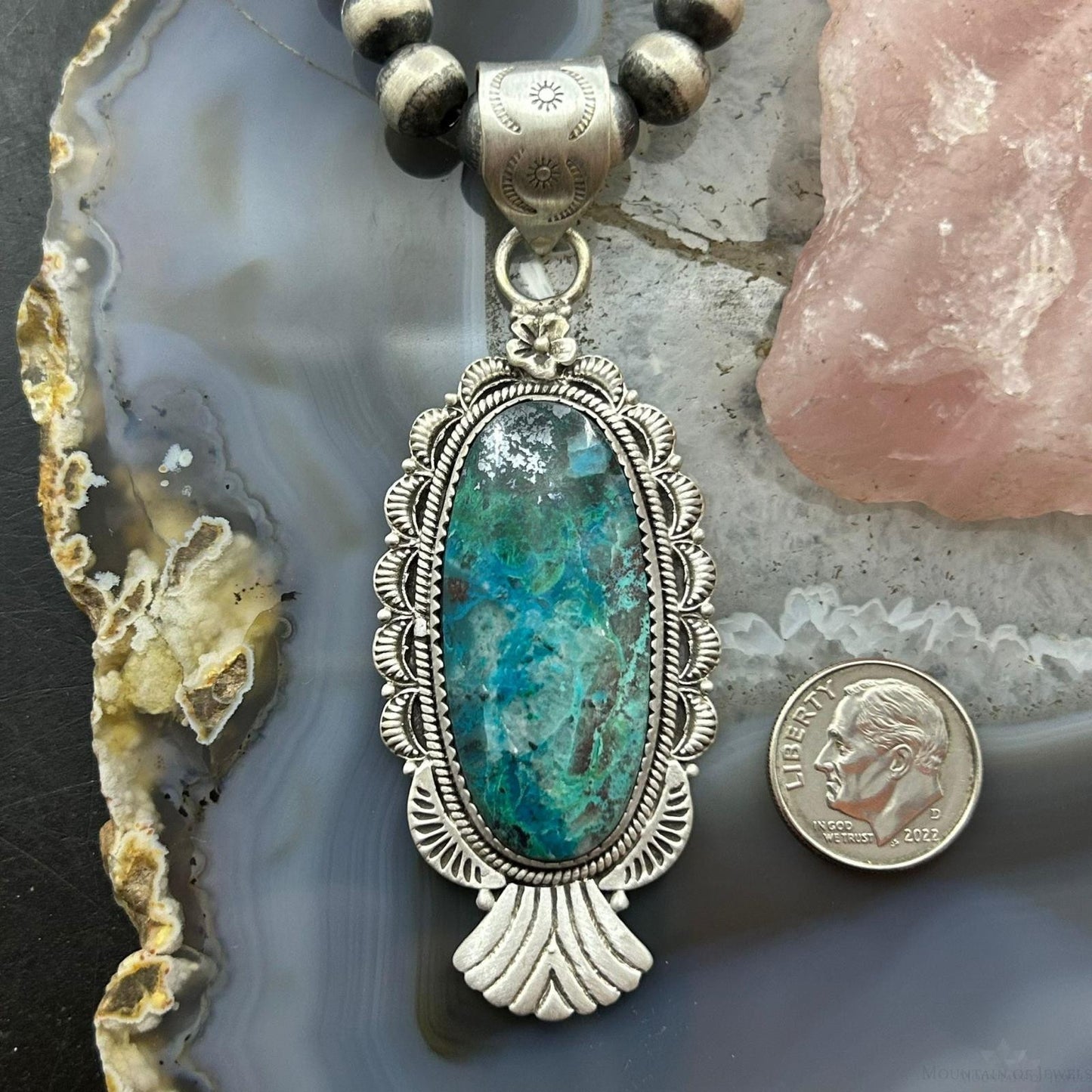 Sterling Silver Southwestern Style Oval Shattuckite Decorated Pendant For Women