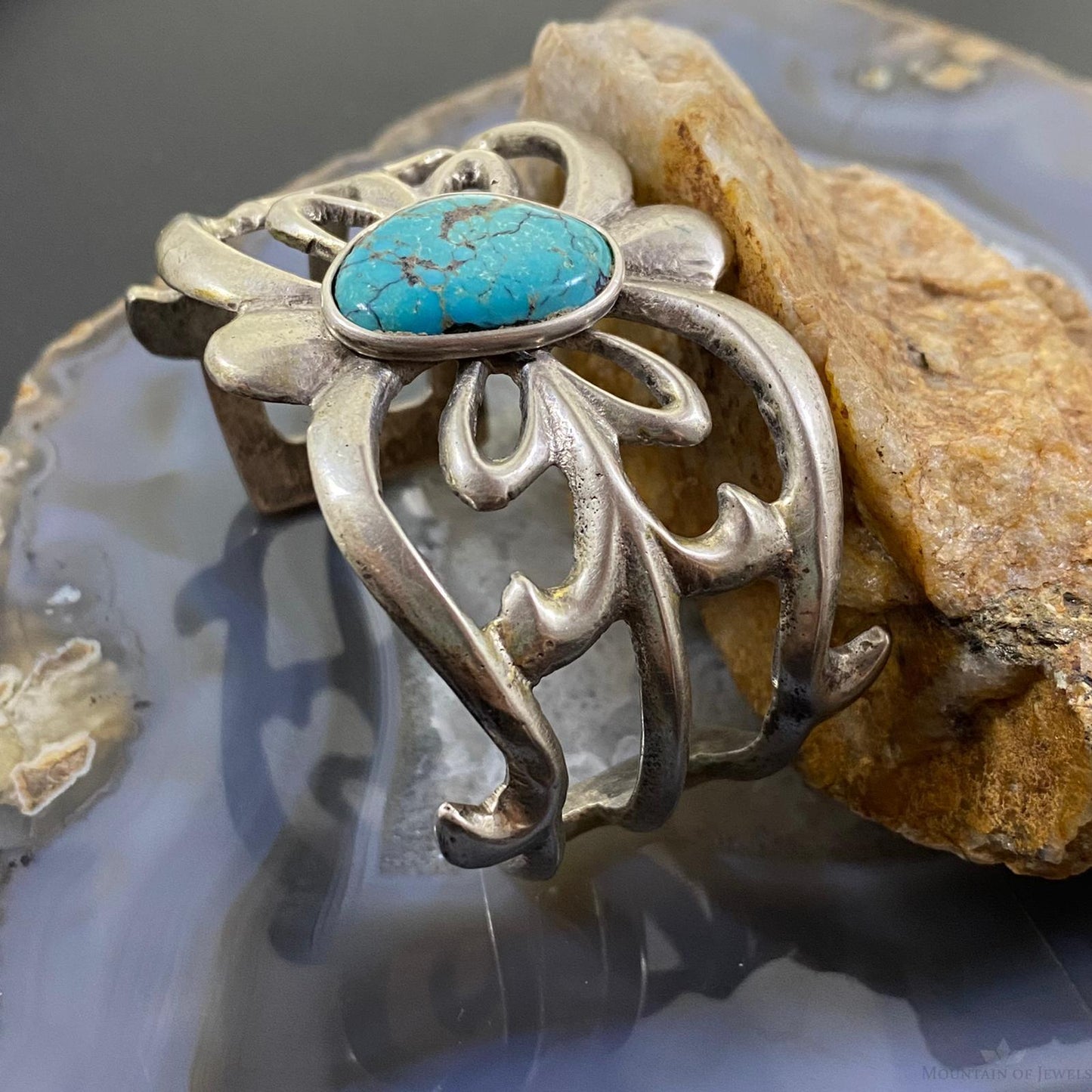 Vintage Native American Silver Turquoise Sandcast Bracelet For Women