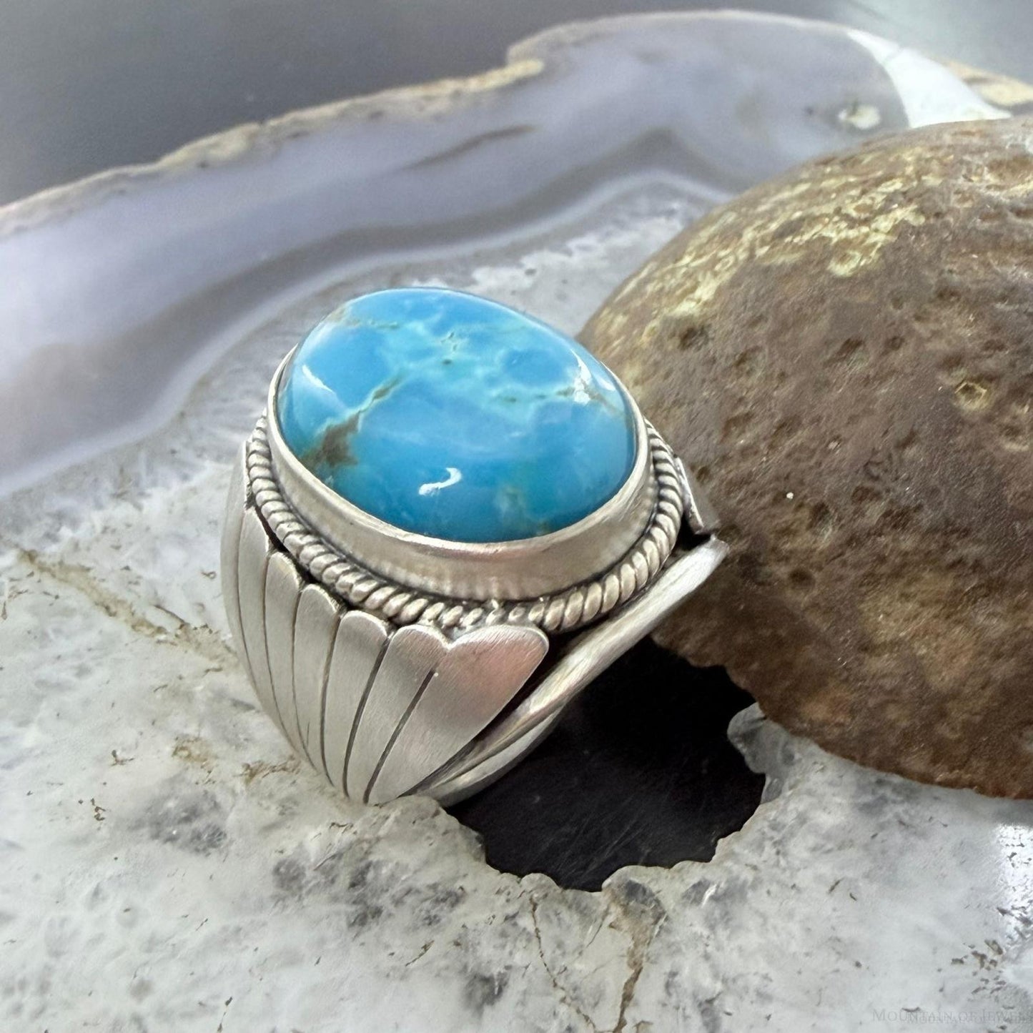 Native American Sterling Silver Oval Kingman Turquoise Shield Ring Size 11.25 For Men