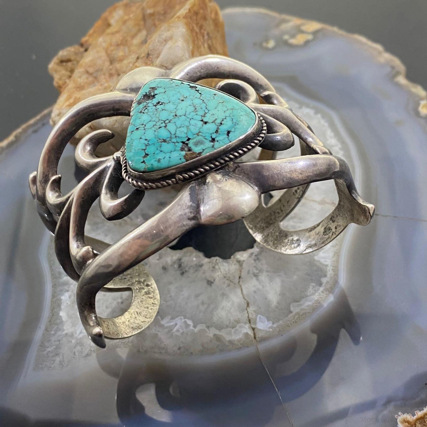 Vintage Native American Silver Sandcast Turquoise Wide Bracelet For Women