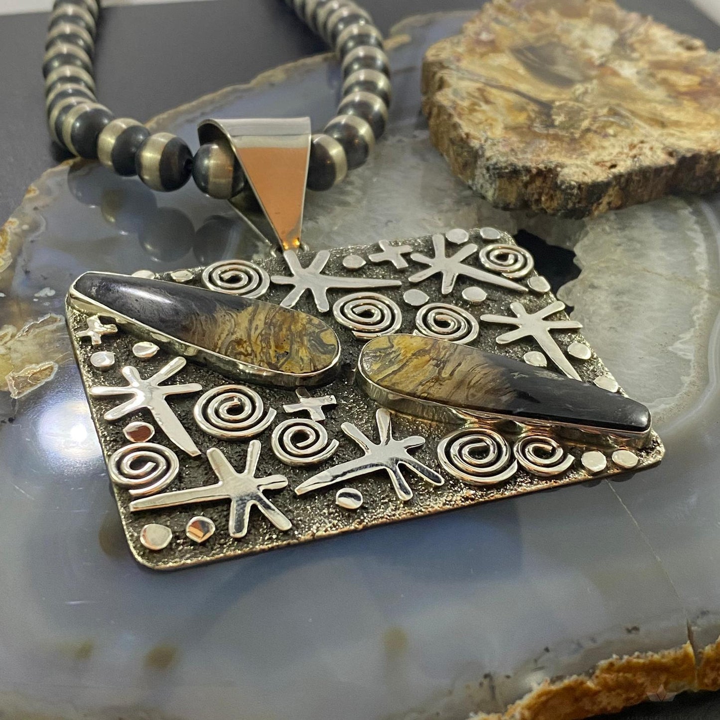 Alex Sanchez Native American Sterling Silver Teardrop Plum Root Jasper Rectangle Petroglyph Pendant