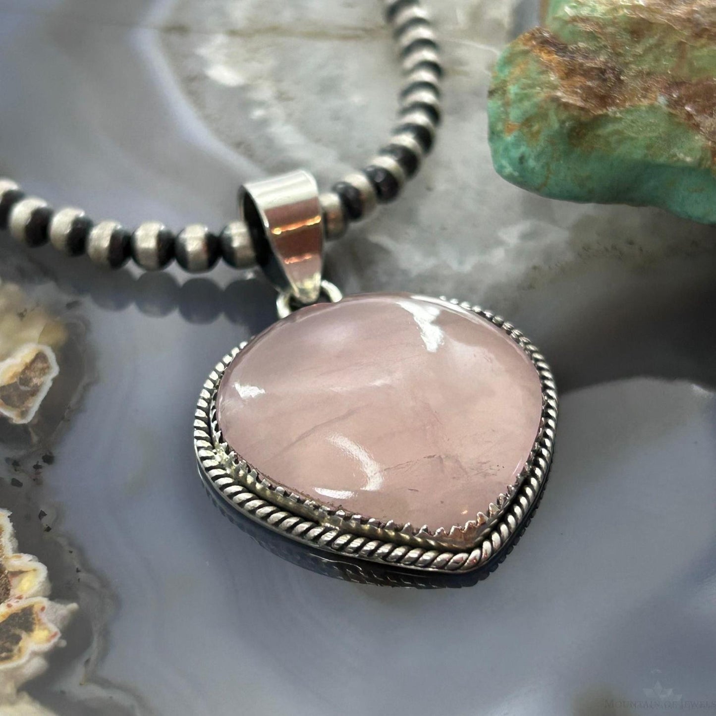 Sterling Silver Southwestern Style Rose Quartz Heart Pendant For Women
