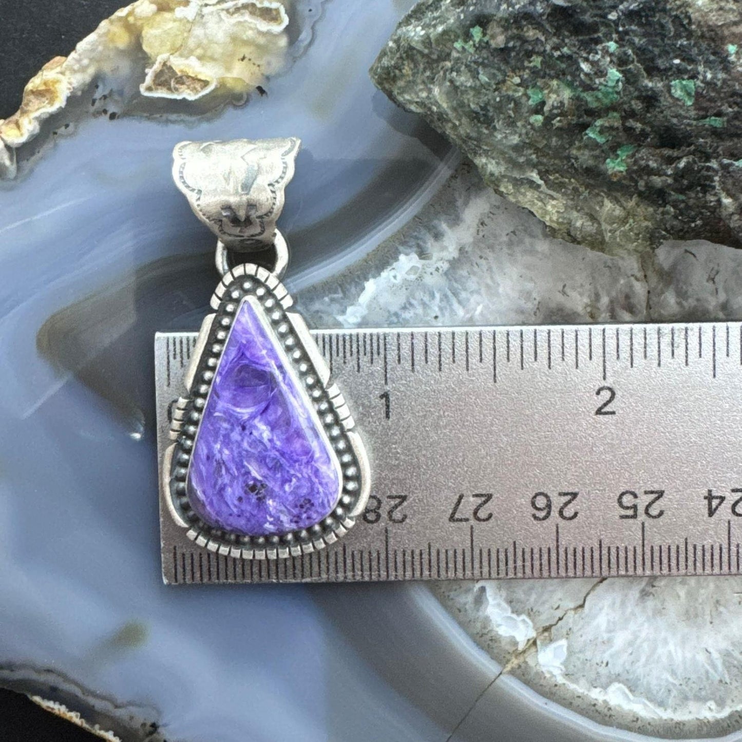 Native American Sterling Silver Triangle Charoite Decorated Pendant For Women