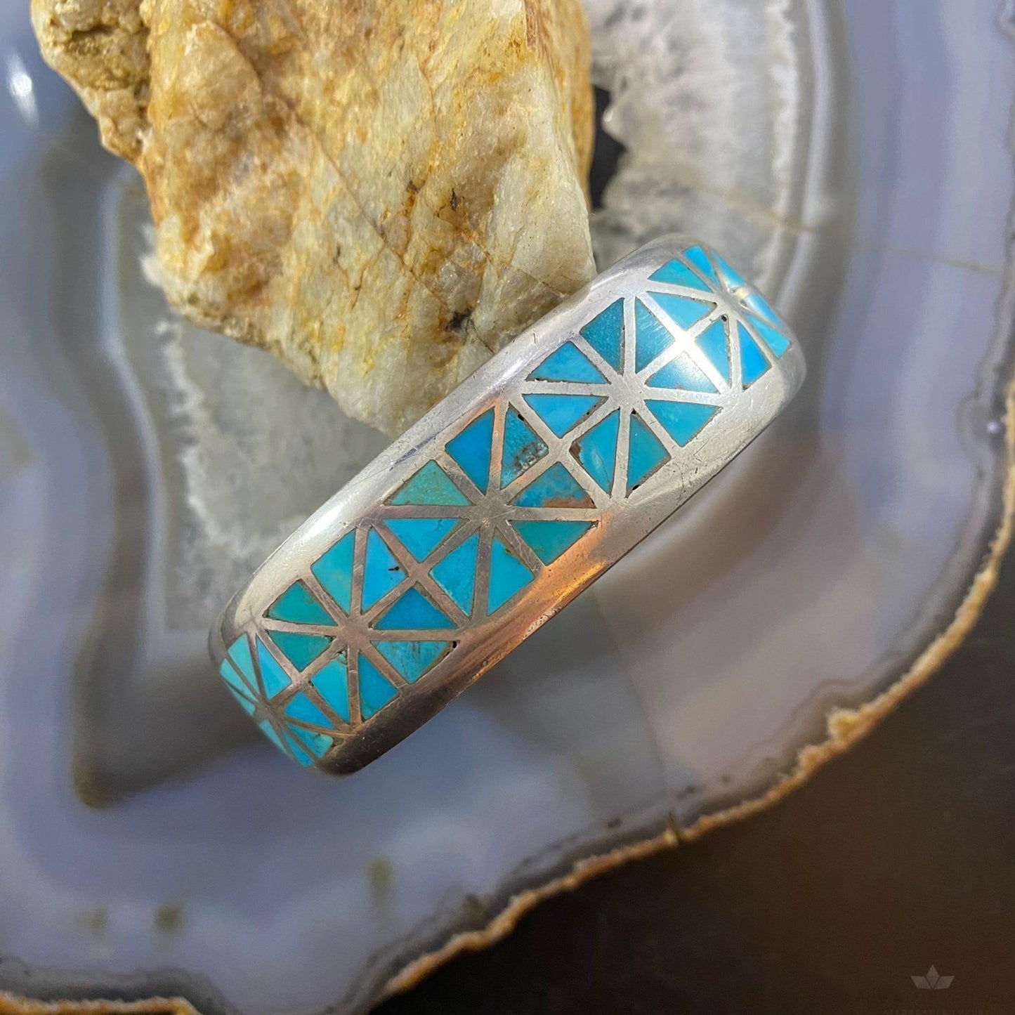 Vintage Native American Silver Geometric Turquoise Inlay Bracelet For Women