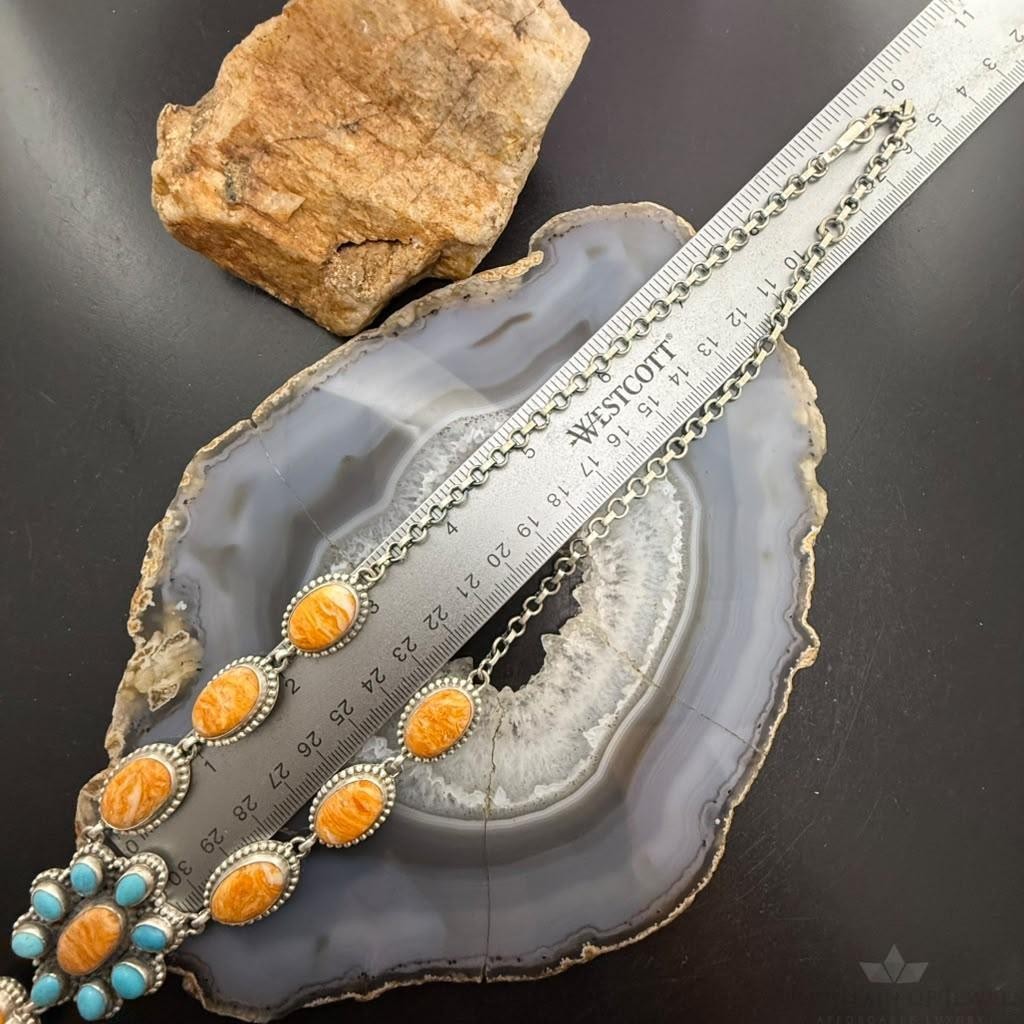 Sterling Silver Southwestern Style Spiny Oyster&Turquoise Cluster Lariat 23.5" Necklace For Women