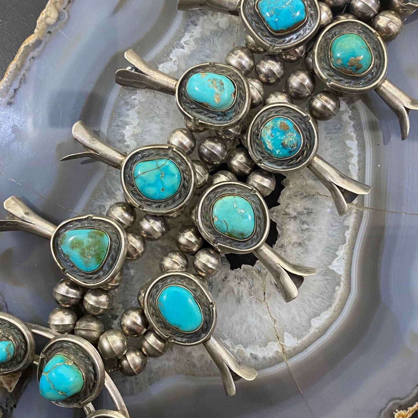 Antique Native American Silver Turquoise Squash Blossom Necklace For Women