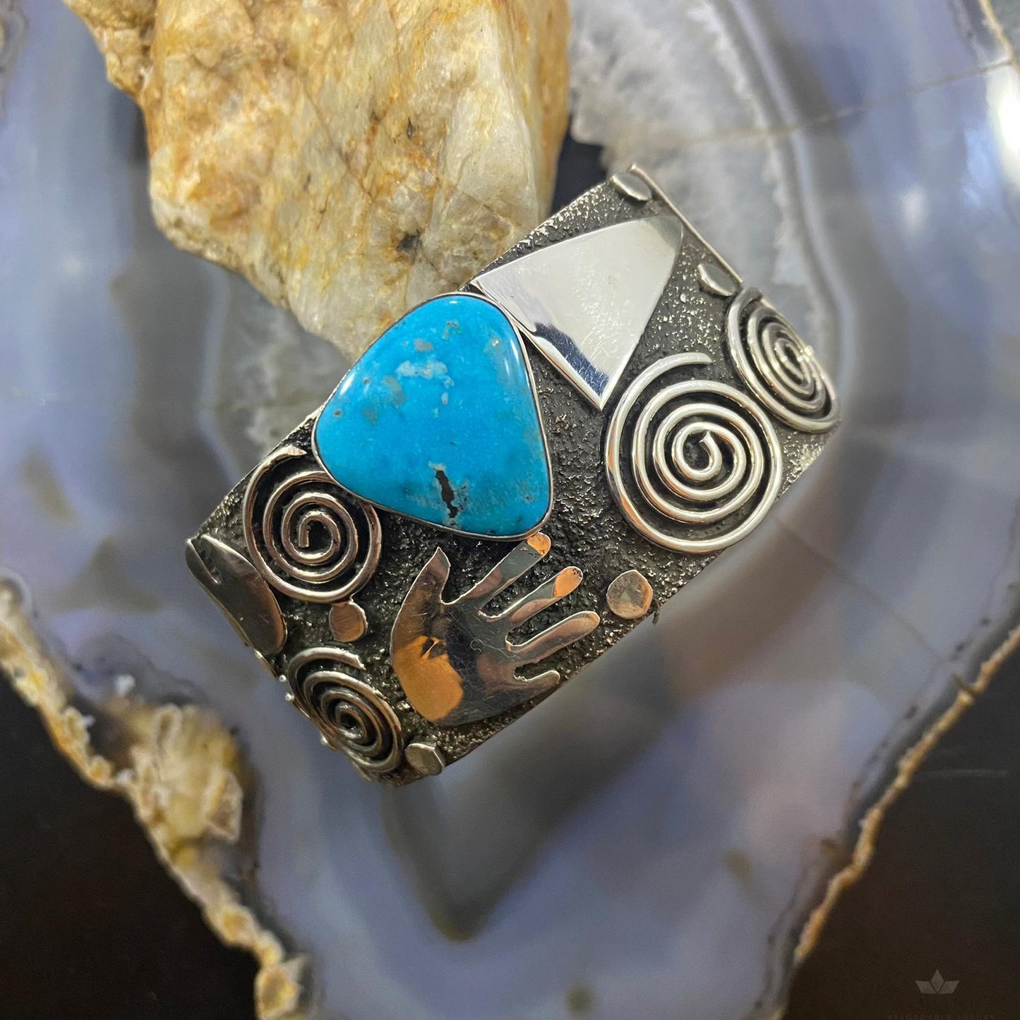 Alex Sanchez Native American Sterling Silver Petroglyph Turquoise Wide Bracelet