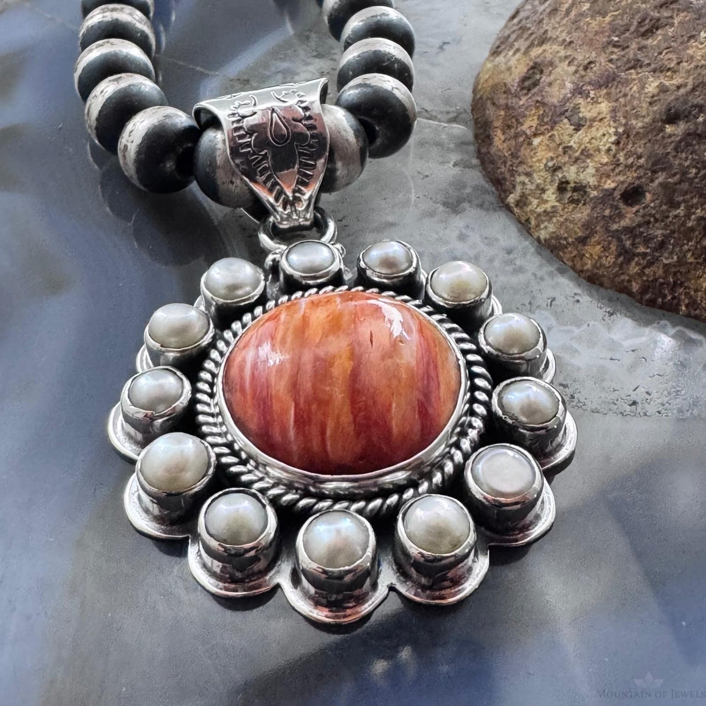 Native American Sterling Silver Spiny Oyster w/Pearls Cluster Pendant For Women