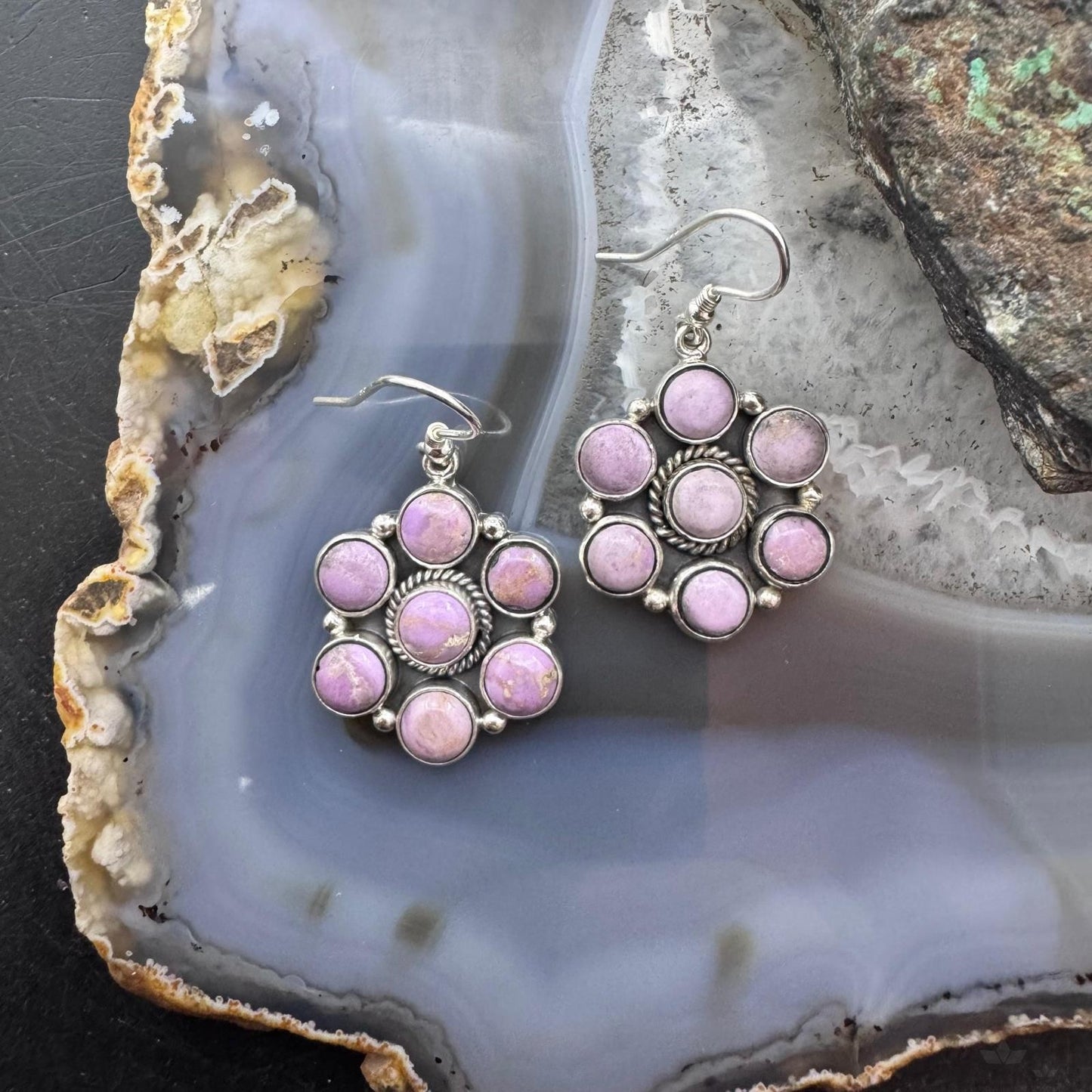 Native American Sterling Silver Phosphosiderite Cluster Dangle Earrings For Women